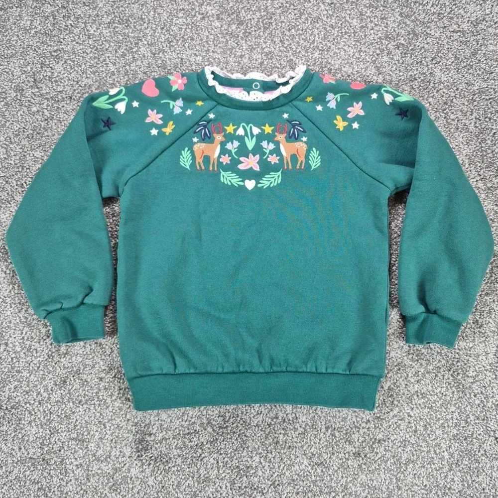 Mini Boden Sweatshirt Girls 6-7Y Green  Embroidered Animals Flora Cute